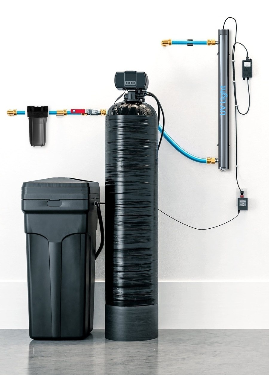 Whole-house system: sediment and carbon pre-filter, water softener with brine tank, and UV sterilizer