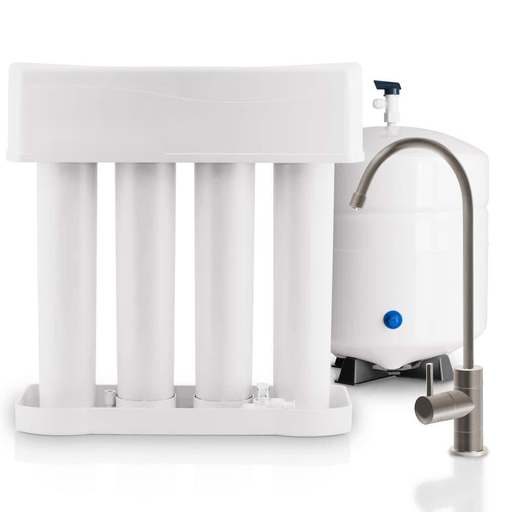 Under-sink reverse osmosis drinking water system with faucet and storage tank